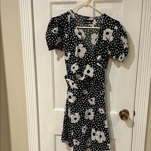 Urban Outfitters Black & White Floral Polka Dot Wrap Mini Dress